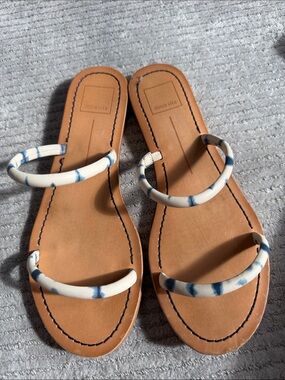 Dolce Vita Tan Slide Sandals with White & Blue Straps